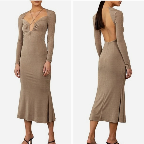 Jason Wu Dresses & Skirts - Jason Wu Long Sleeve Open Back Midi Bodycon Dress Taupe Brown New NWT Medium